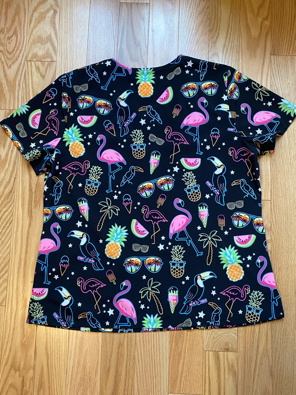 Cherokee Scrub Top Black with Neon Tropical Motif - Picture 3 of 4